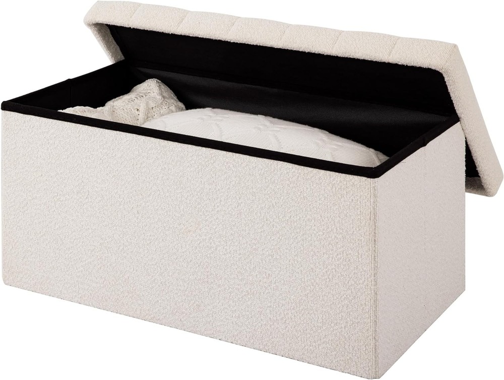 Space-Saving White Boucle Storage Bench - Elegant Ottoman for Home Decor