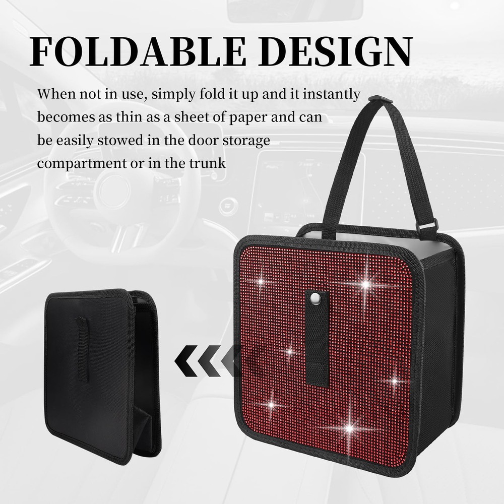 Red Bling Car Trash Can Rhinestones Foldable Hanging Garbage Organizer Auto