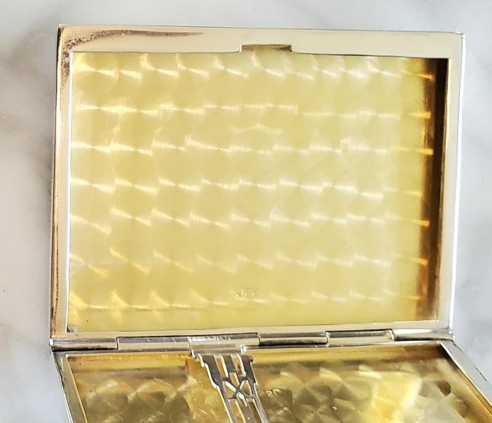 Unger Bros Sterling Silver Art Deco Enamel Flapper Cigarette Case Engine Turned
