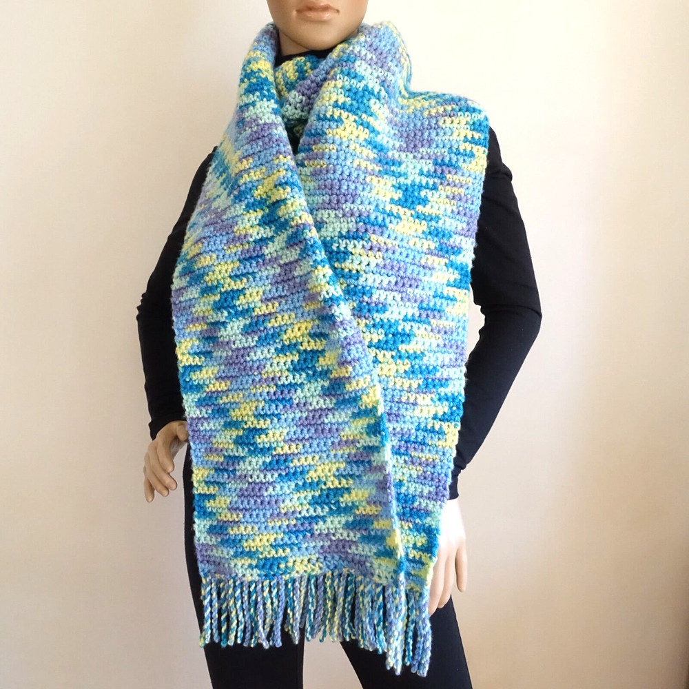 Handmade Long Crochet Scarf Bright Houndstooth Pattern Washable Acrylic