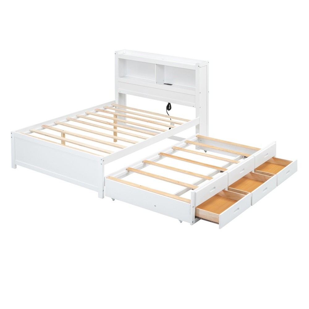 Full Size Bed Frame Wood Platform Bed with Pull Out Trundle & Drawers White/Gray