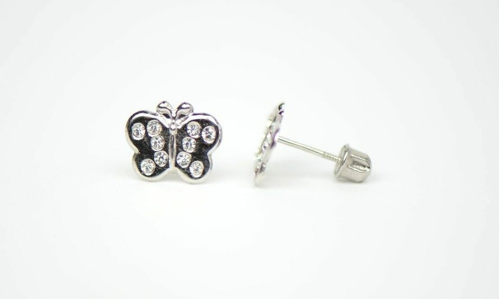 14K Solid White Gold Butterfly Screw Back Stud Earring with CZ