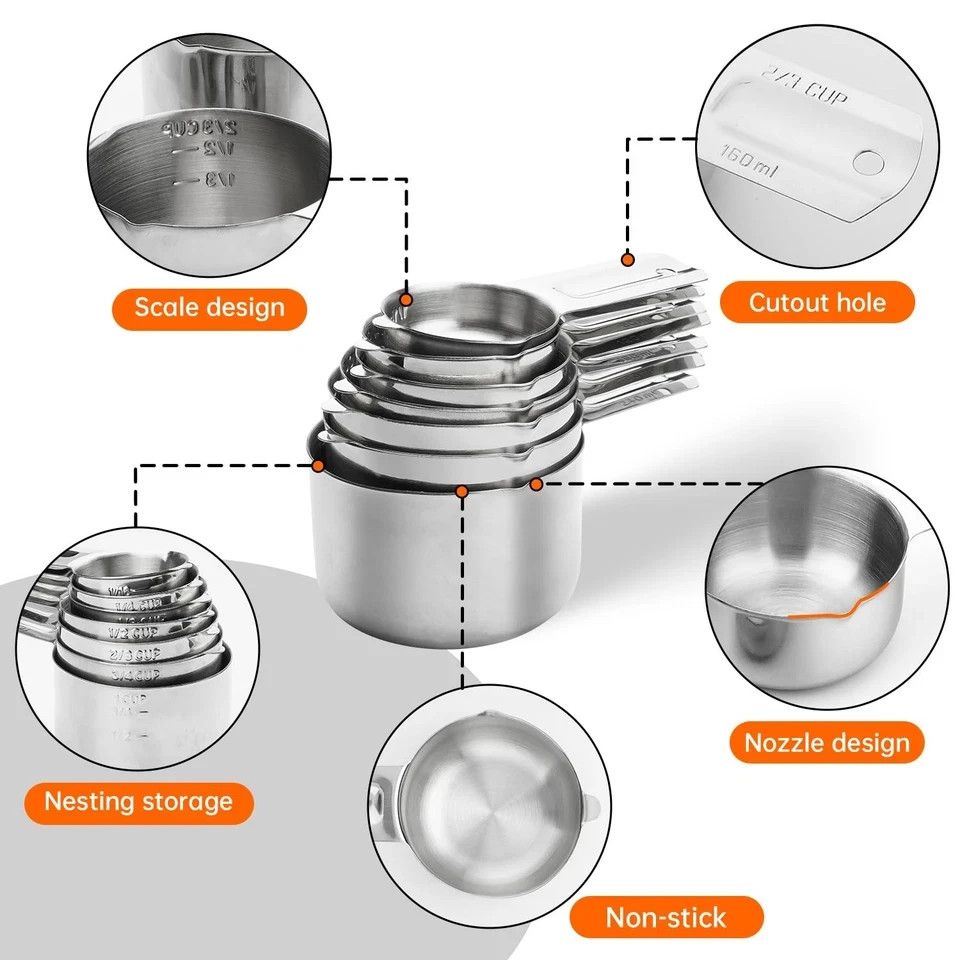 Measuring Cups Set 7 Pieces Stainless Steel Stackable Nesting Heavy Duty Perfect