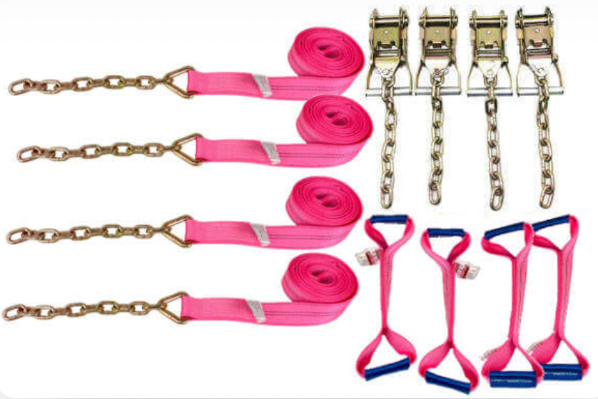 PINK 8 POINT TIE DOWN - DIAMOND WEAVE Straps Kit, Car Carrier, Rollback, Flatbed