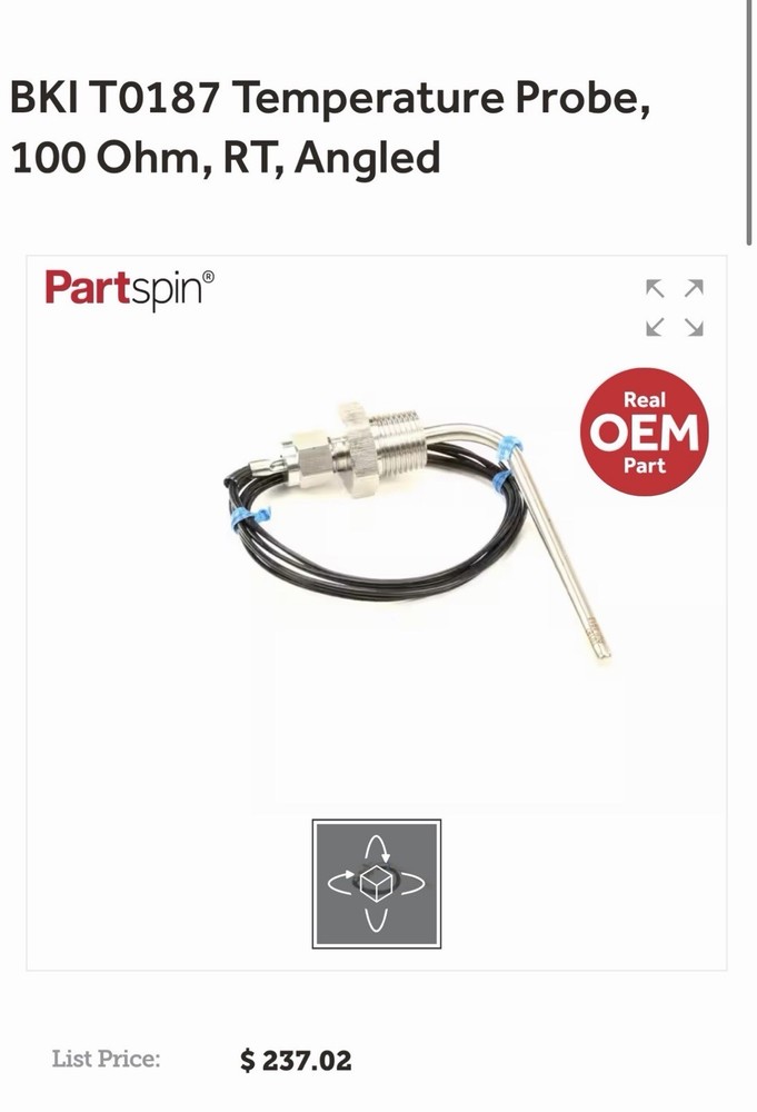 BKI T0187 Temperature Probe, 100 Ohm, RT, Angled. New