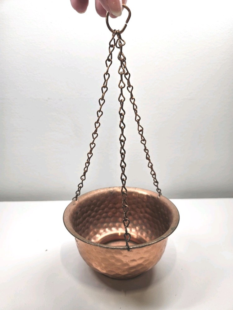 Small Hammered Copper Hanging Planter Vintage.  A7