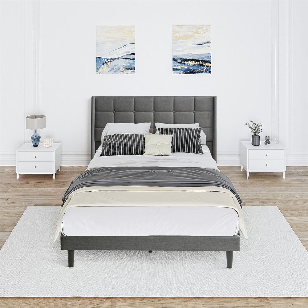 Queen Size Bed Frame Upholstered Platform Bed Frame w/ Headboard Drak Grey New