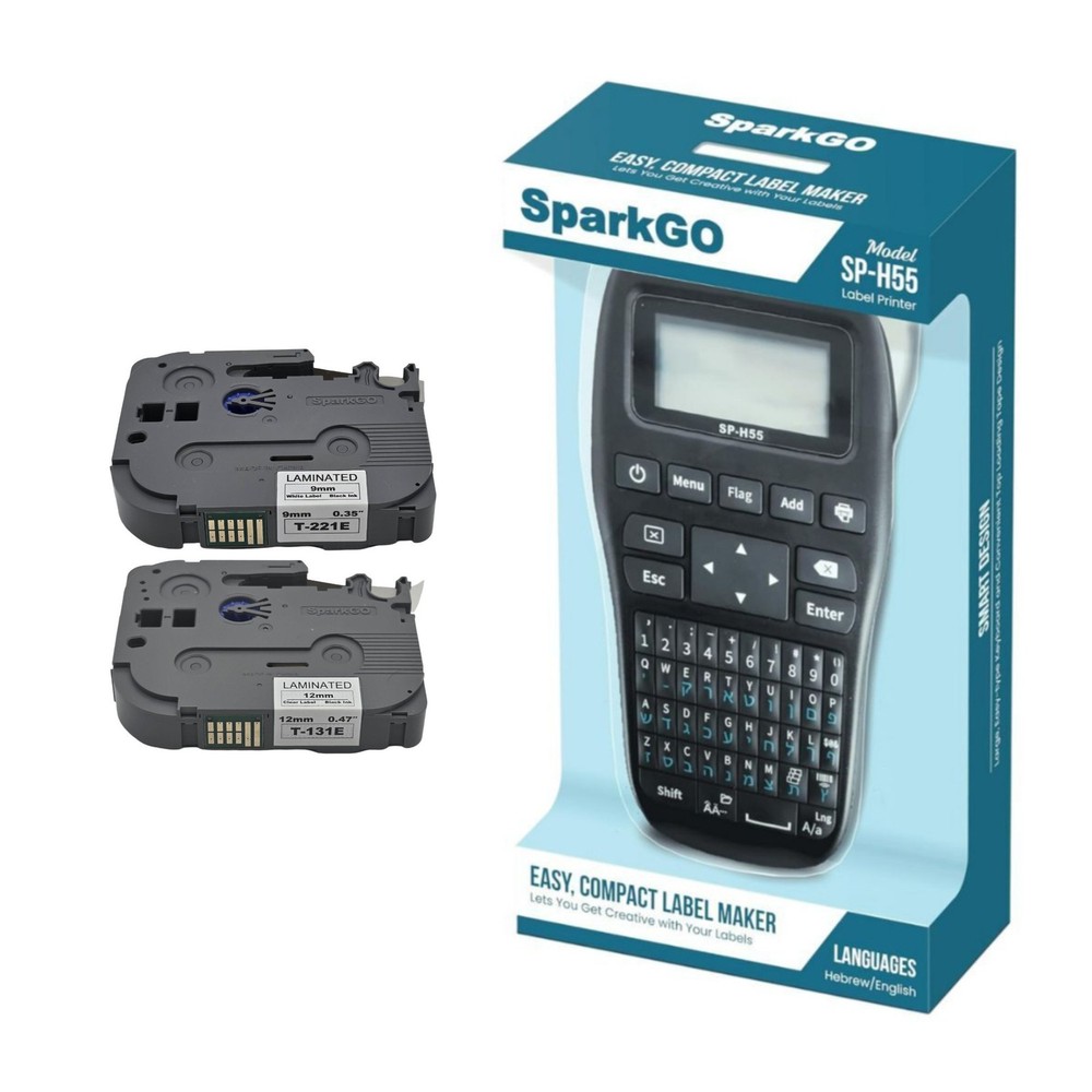 SparkGo SP H55 Handheld Compact Hebrew English Label Maker Bundle (Black)