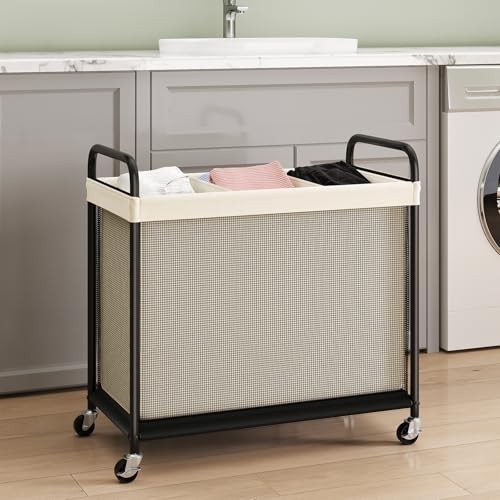 Laundry Hamper 3 Section, 120L Rolling Laundry Sorter with 3-Section Beige