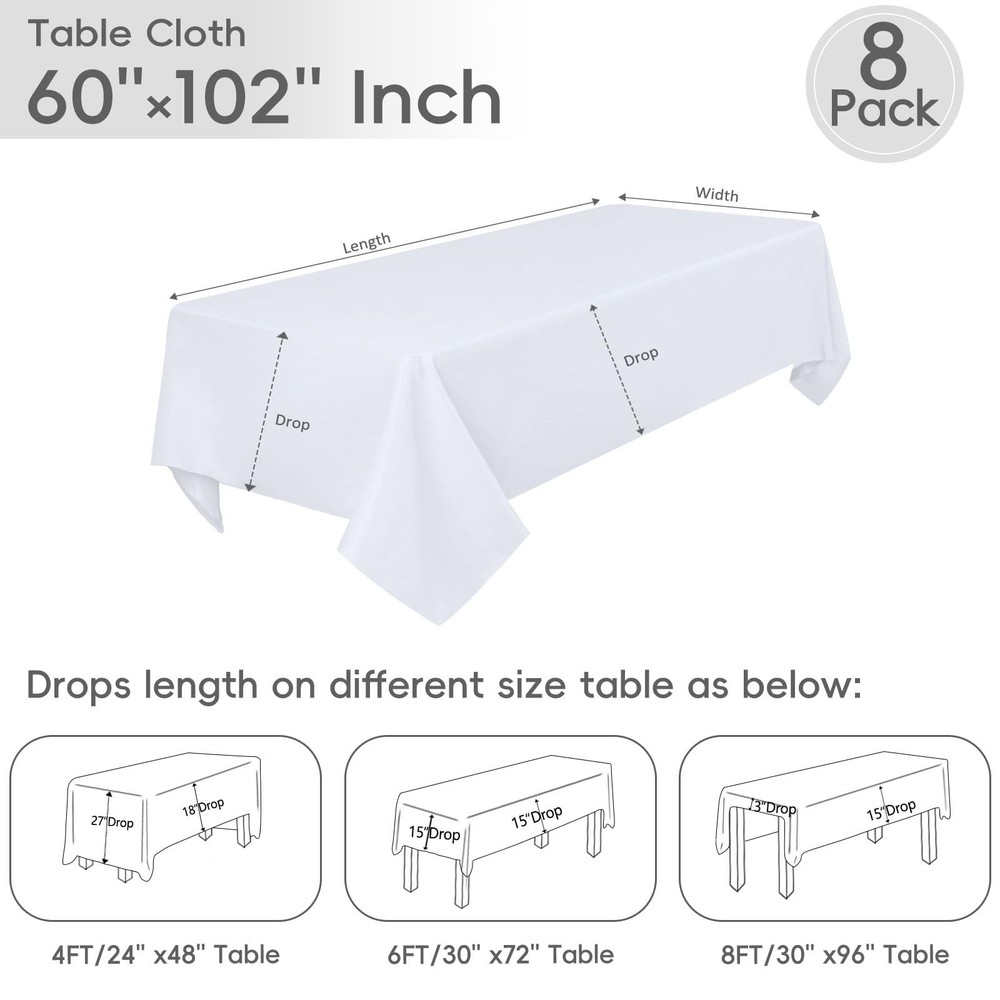 8 Pack White Tablecloth 60 x 102 Inch Rectangular Table Cloth for 6 Foot Rect...