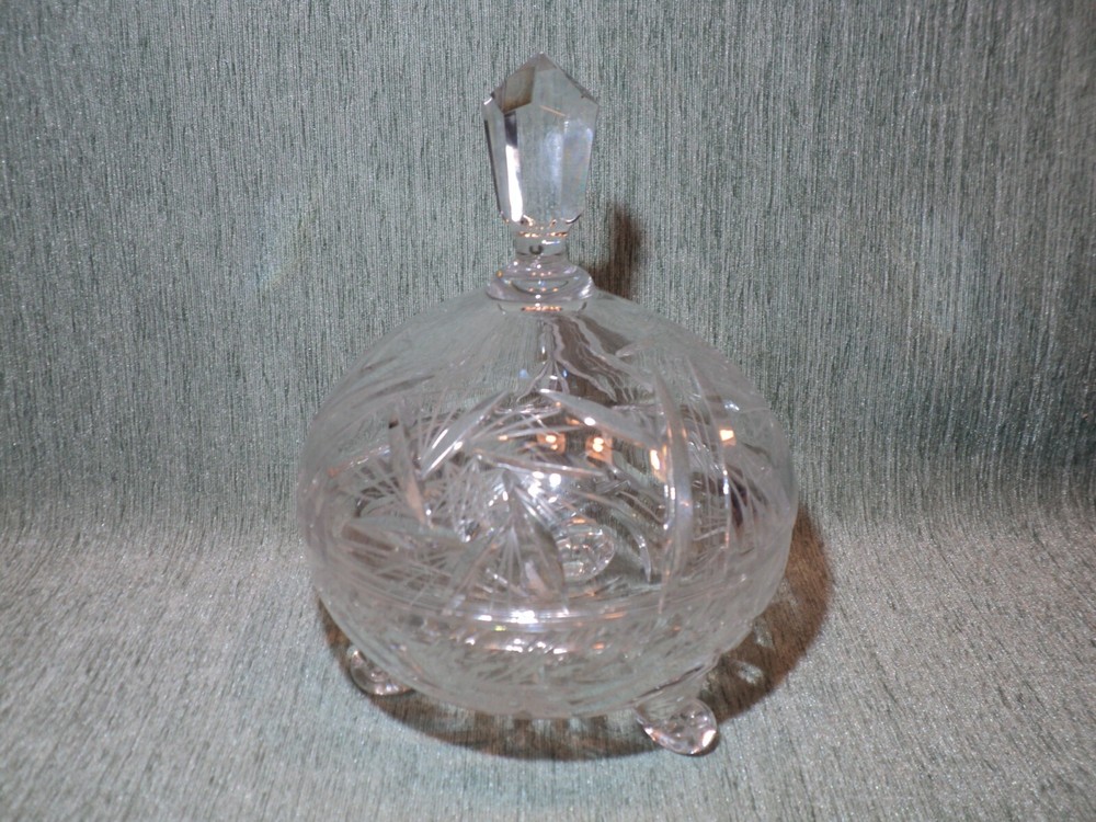 Crystal round covered footed candy dish.