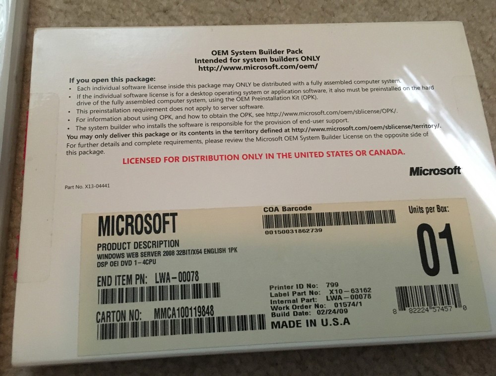 Microsoft Windows Web Server 2008  32/64-bit DVD/Key  LWA-00078