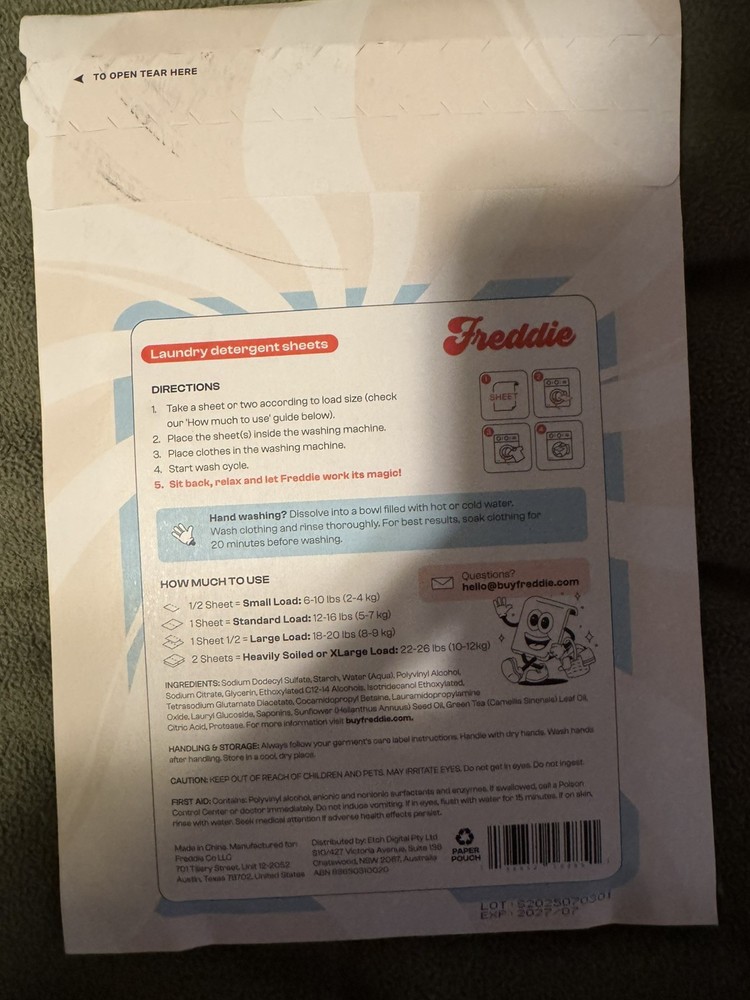 1 Pack Freddie LAUNDRY DETERGENT SHEETS TOTAL 60 SHEETS fragrance free