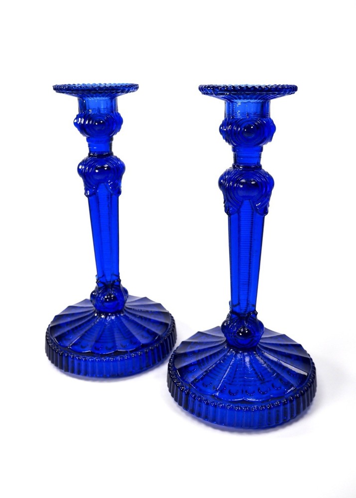 Vintage Mid Century Cobalt Blue Pressed Glass Decorative Candlesticks - Pair