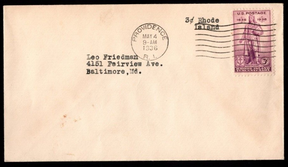 Rhode Island Tercentenary FDC, SC# 777, back flap open