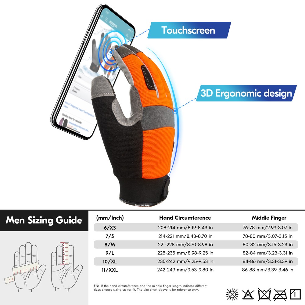 Vgo 1Pair 41℉ Lined Touchscreen Waterproof Winter Work Gloves (SL7584FLWP-ORA)