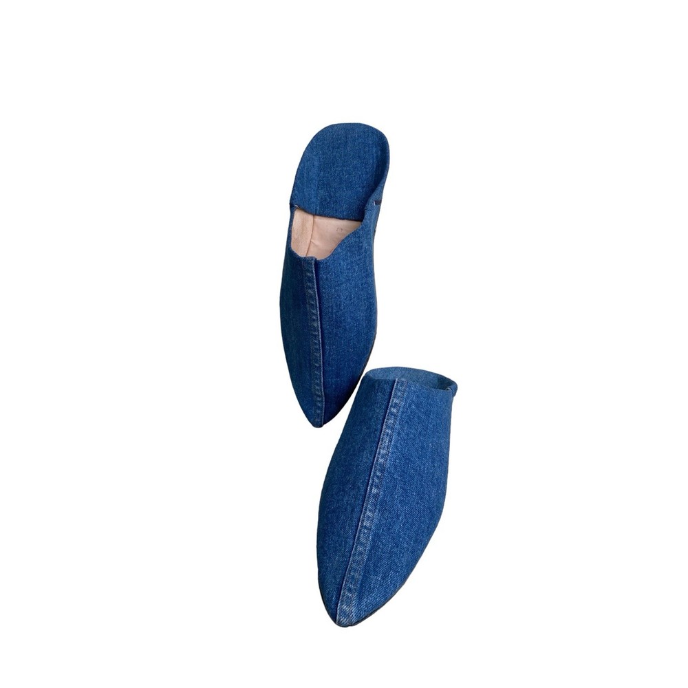 Blue Denim Moroccan Babouches Pointed Toe Leather Lining Handmade