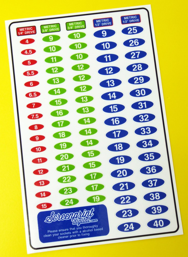SOCKET SET IDENTIFICATION TOOL LABEL stickers decals METRIC, set of 85!