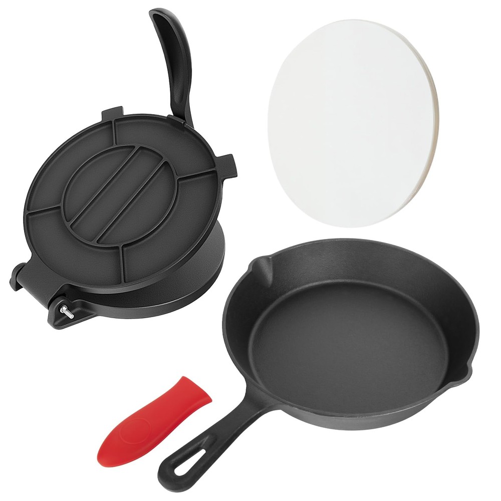 10 Inch Cast Iron Tortilla Press & Comal Pan Bundle, Include 100 Pcs Parchmen...