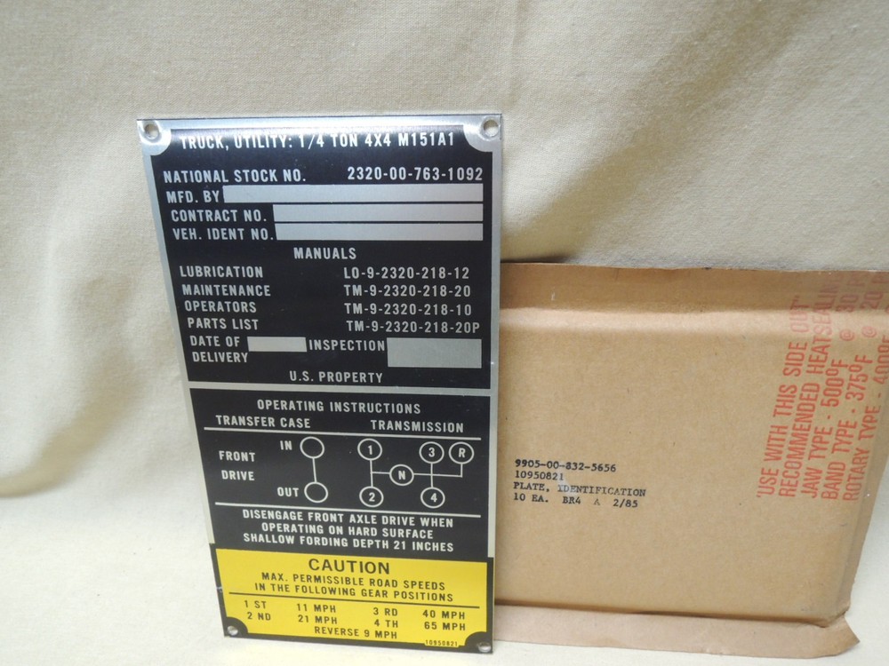 NOS M151A1 data plate Original Military Issue