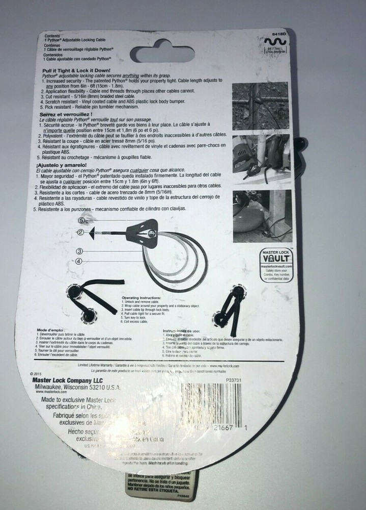 Master Lock Cable Lock, Python Adjustable Keyed Cable Lock, 6 ft. Long, Black,