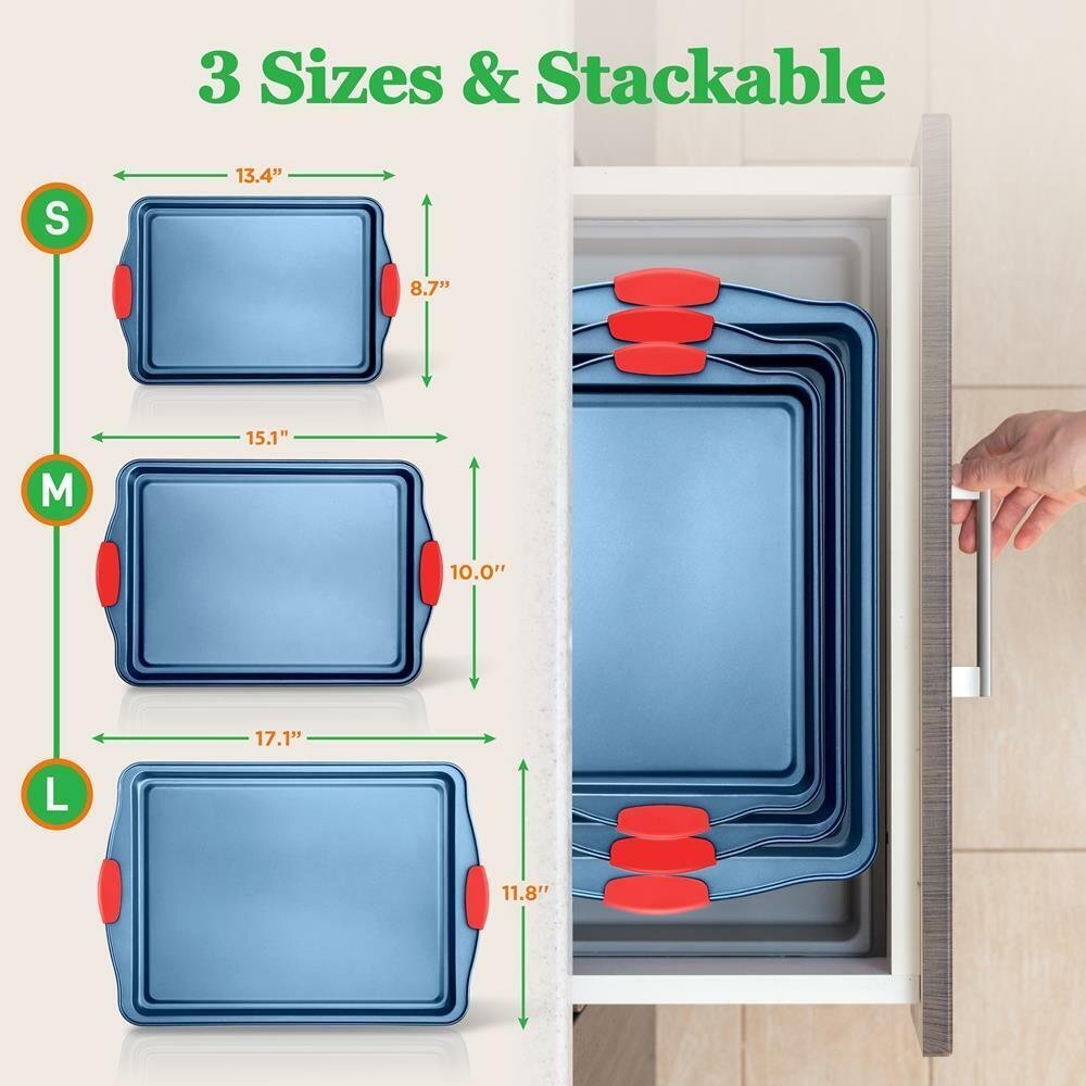 NutriChef 3 Pcs. Kitchen Oven Baking Pans - Deluxe Nonstick Blue Coating Inside