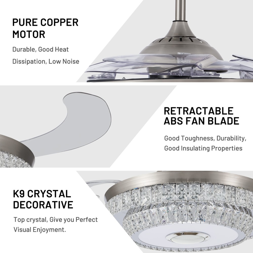 Bluetooth Crystal Ceiling Fan with Light – Retractable Blades, Dimmable LED