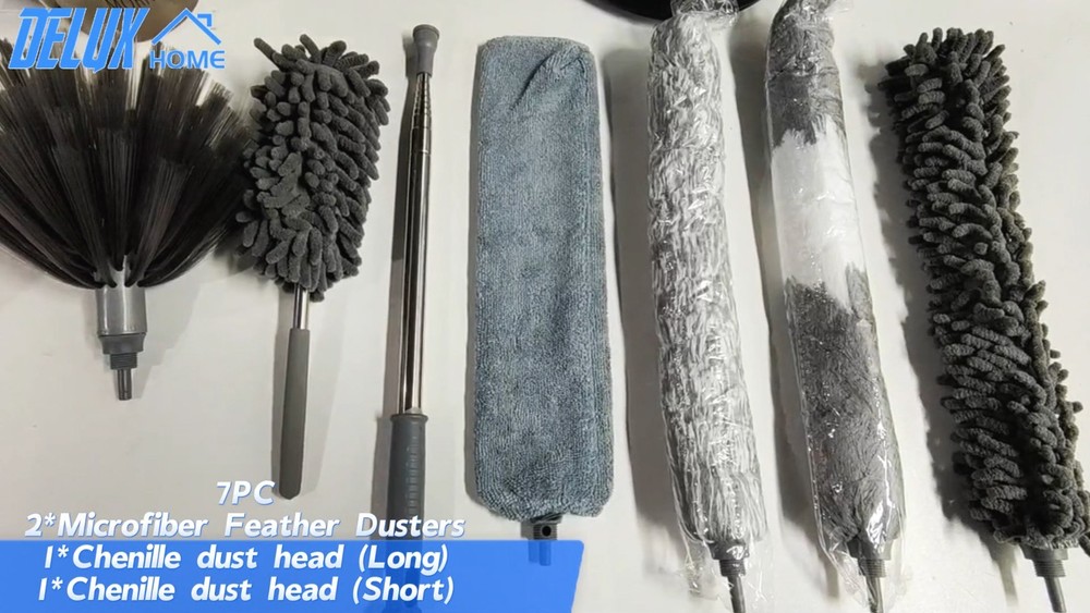 7 PCS Microfiber Feather Duster Set, Washable Bendable Cobweb Cleaner with 100"