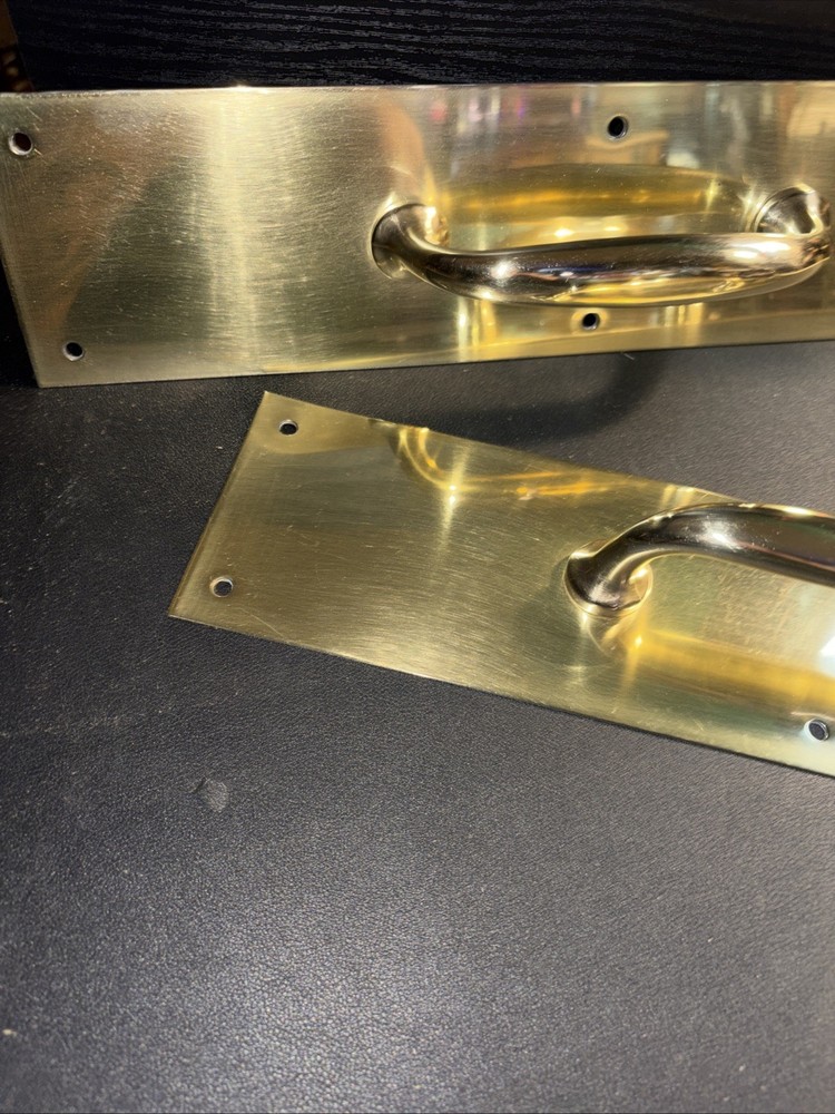 Pair Of Solid Brass Pull Door Handles Attached To Backer/push Plates. RH/LH