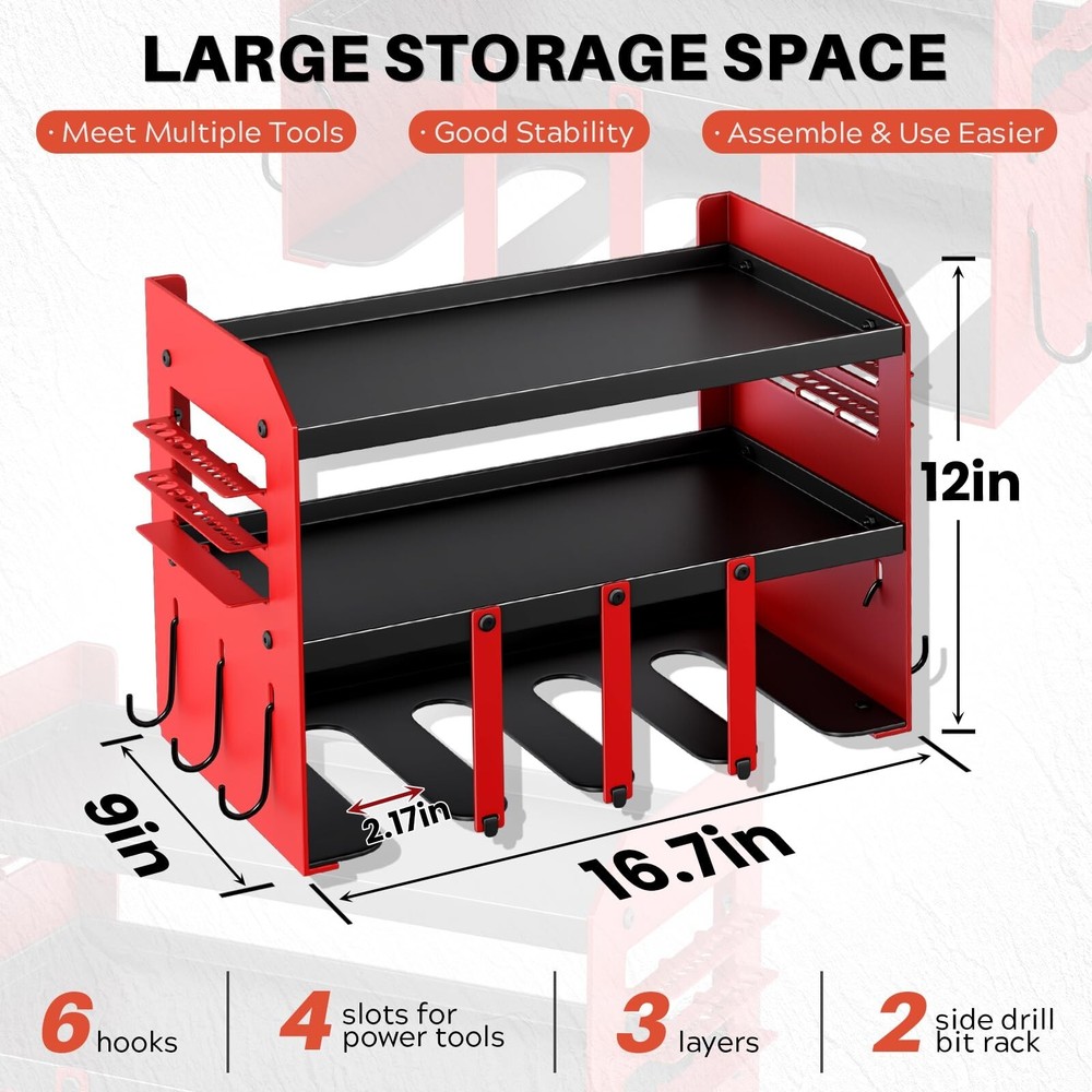 Power Tool Organizer Wall Mount - 120Lbs Load 3 Layers Storage Rack 4 Drill H...