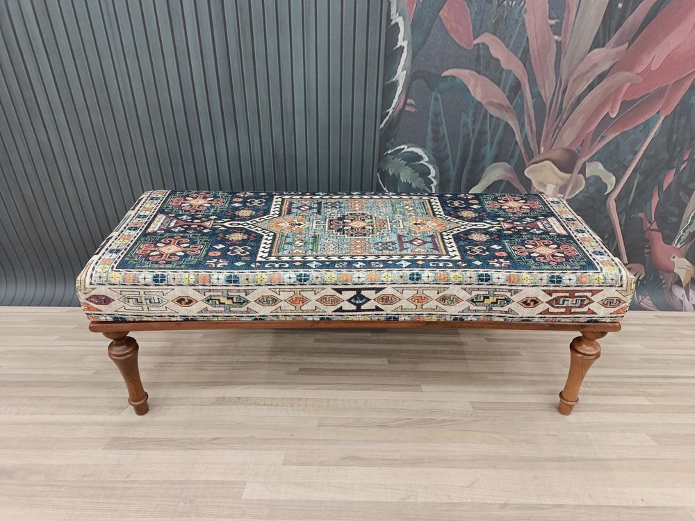Kilim Pattern Printed Rug Upholstered Piano Bench, Entry Bench, Dining Bench