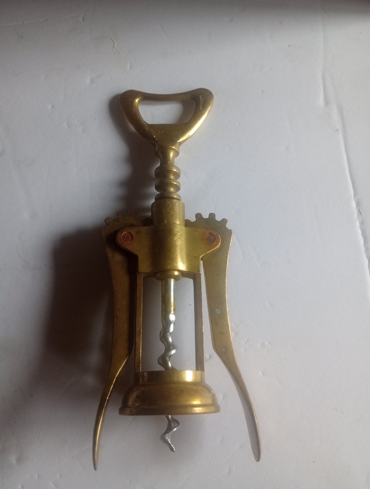 Vintage Solid Brass Winged Corkscrew Wine Bottle Opener Bar Tool Made in Italy