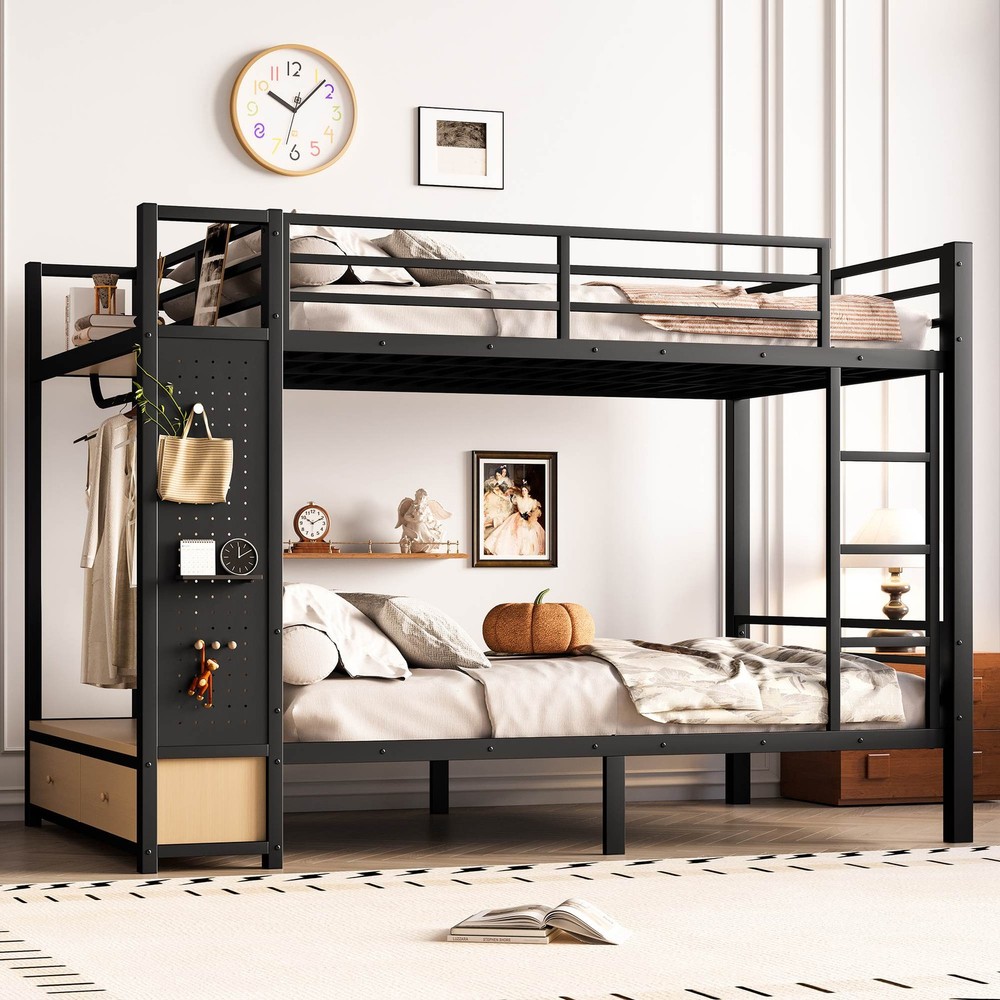 FUNIDEE Full over Full Size Metal Bunk Bed Frame with Shelves Drawers & Pegboard