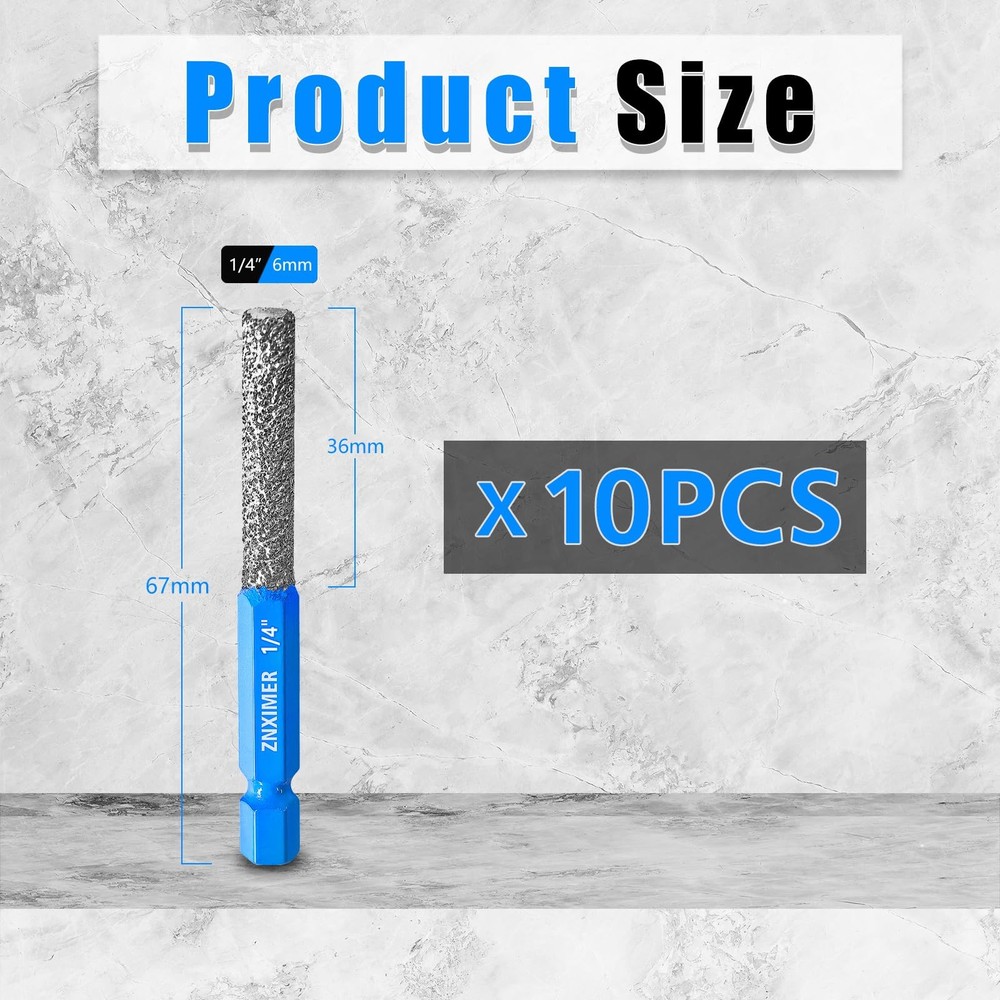 ZNXIMER Tile Drill Bits, 10pcs 1/4" Diamond Drill Bits for Ceramic Glass