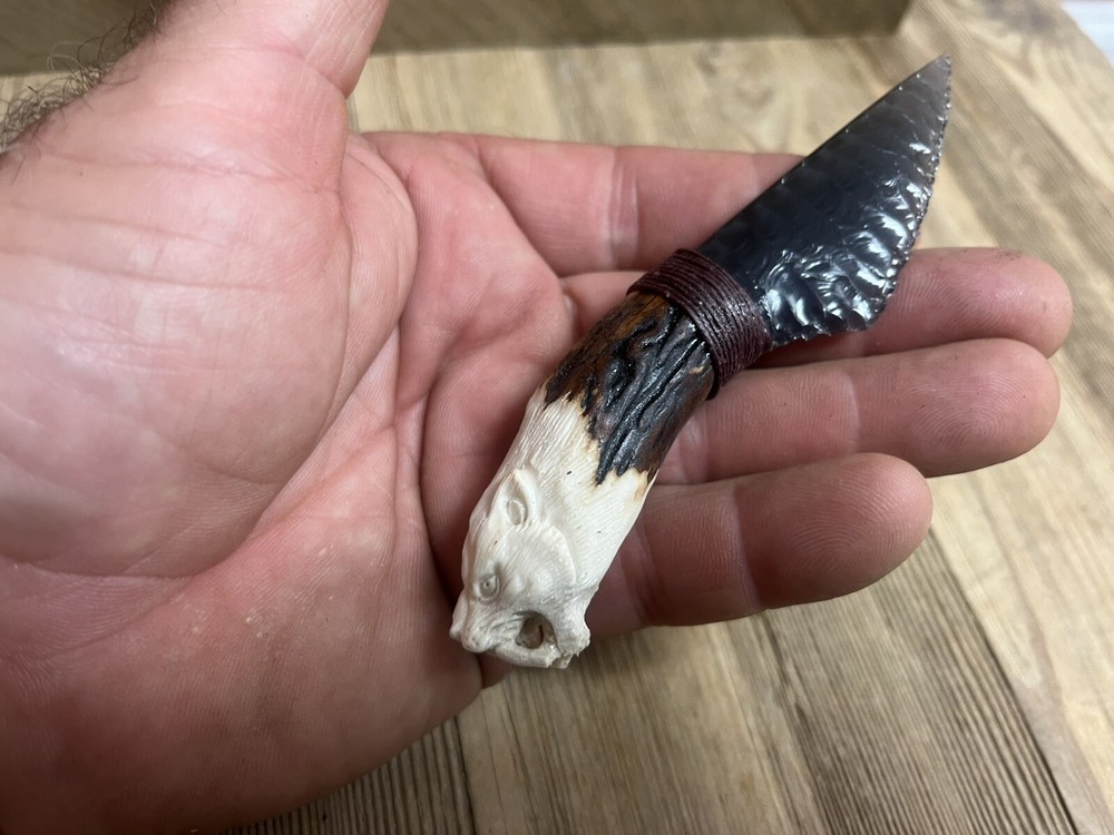 Obsidian Knife With Carved Antler