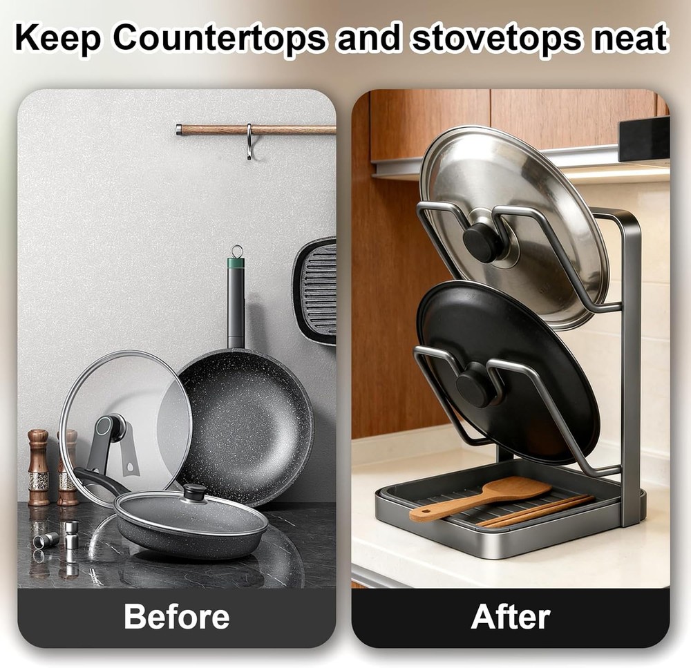 Kitchen Pot Lid Storage Rack Pot Lid Holder While Cooking + Removable Drip Tray