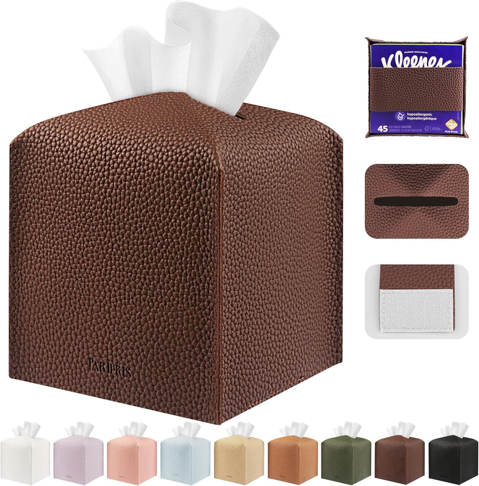 Tissue Box Cover Holder Square Tissue Cube Cover PU Leather Tissue Organizer wit