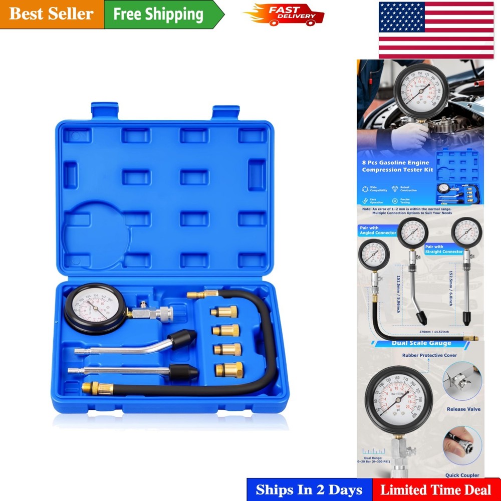 Automotive Engine Compression Tester with Dual Color Gauge & Spark Plug Adapters