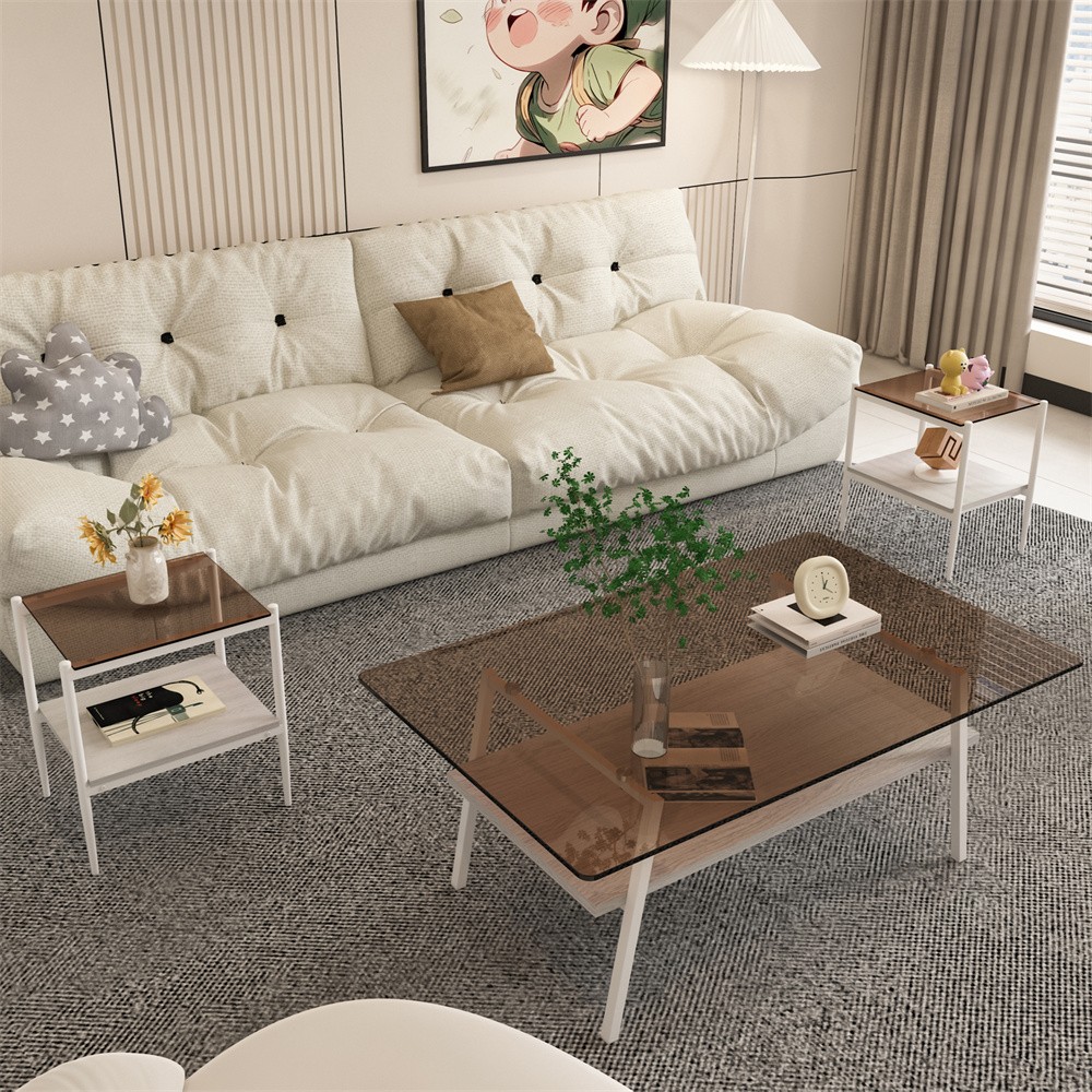 Brown Tempered Glass Rectangular Coffee Table Have Storage Shelf Function