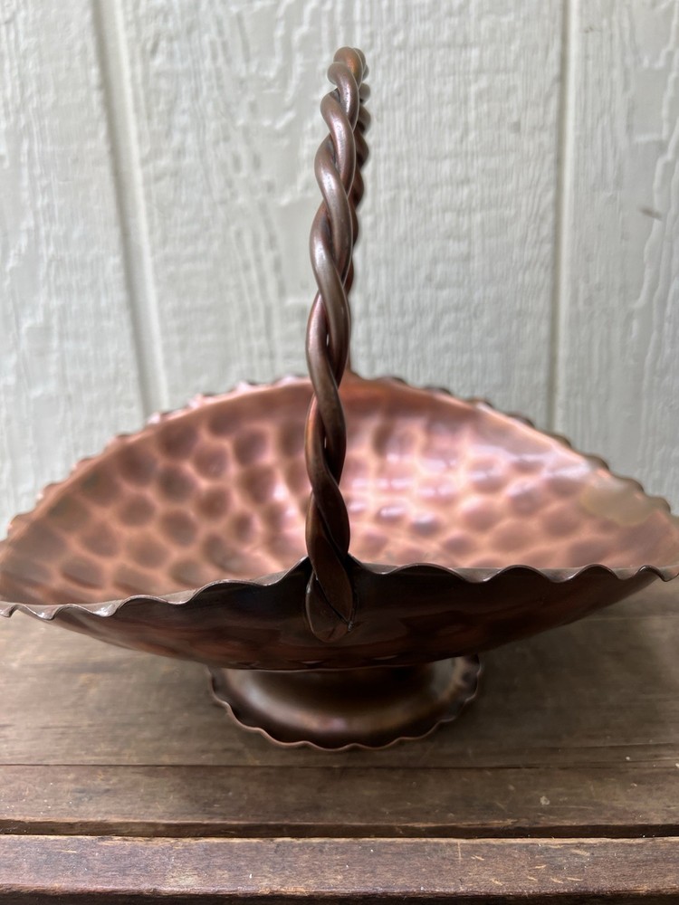 VTG Solid Copper Footed Basket with Scalloped Edge, Twisted Handle