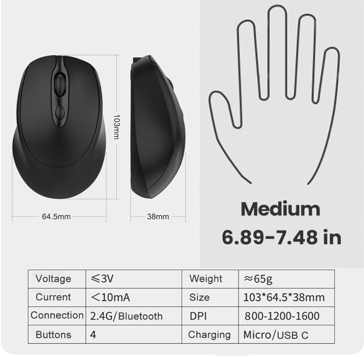 Bluetooth Wireless Mouse USBC for Laptop/Computer, Silent Rechargeable Mouse