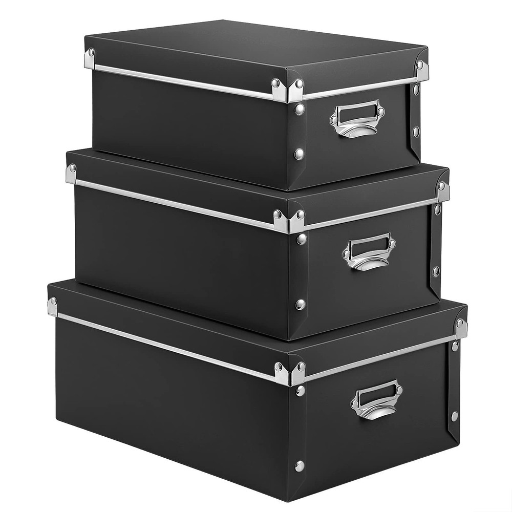 SEEKIND Decorative Storage Bins with Lid 3-Pack Foldable Space Saver Black
