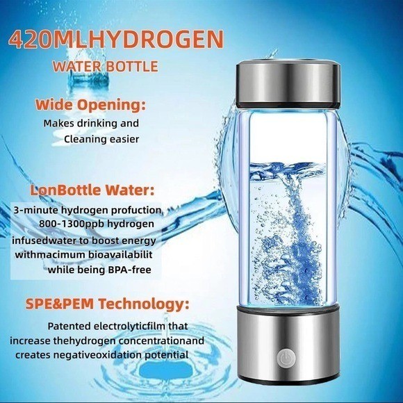 Portable Hydrogen Water Generator Bottle, 420ml, High-Concentration, Rapid Elect