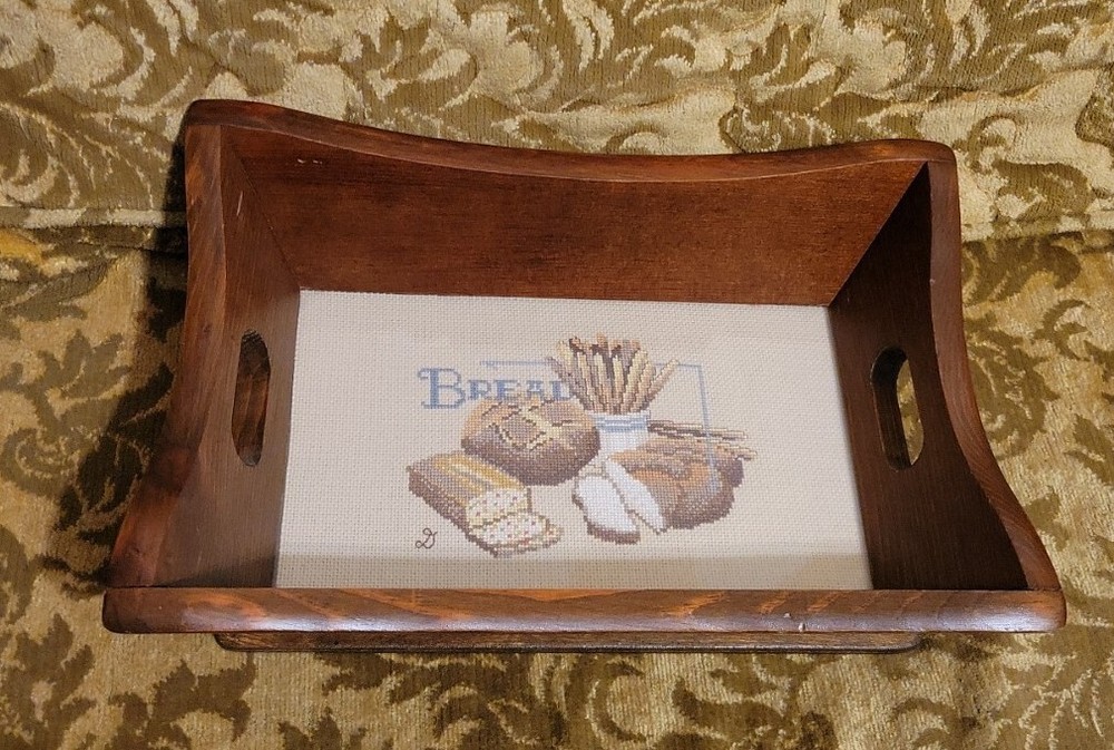 Wooden Bread Tray w Needlepoint in Bottom