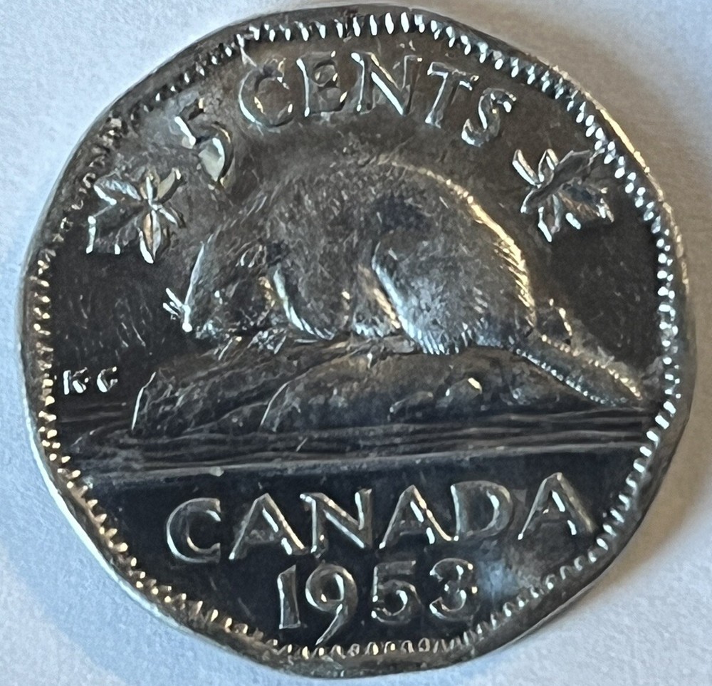 Canada 5 Cents 1953 Strap, Near Leaf