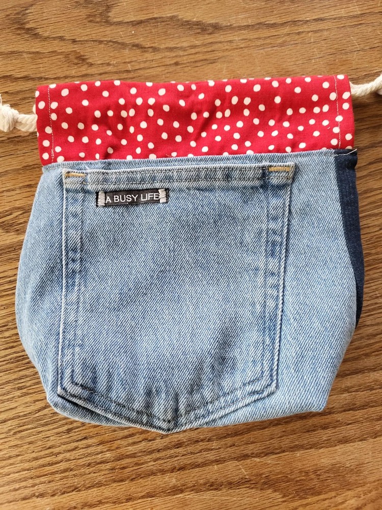 Upcycled Denim Project Bag: Drawstring Sock Sack for Knitters