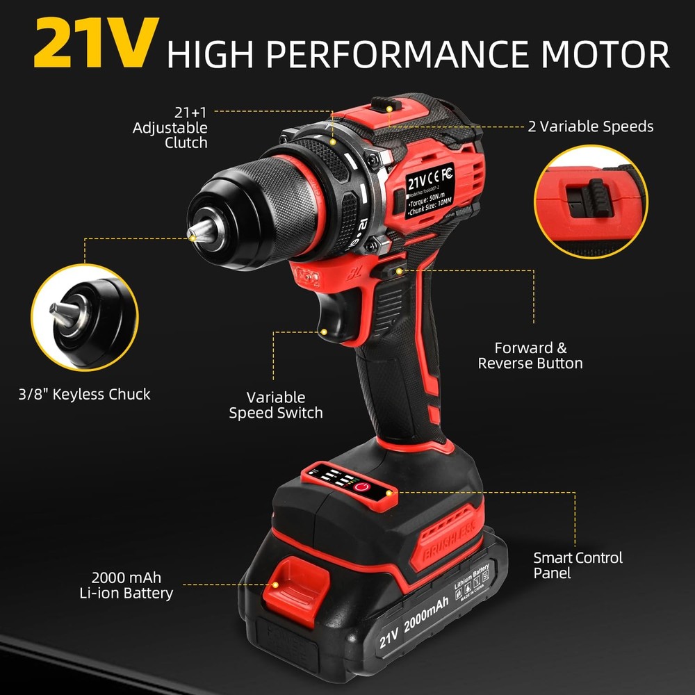 21V Cordless Power Drill/Driver Set, 2 Variable Speeds with LED Light, 3/8" K...
