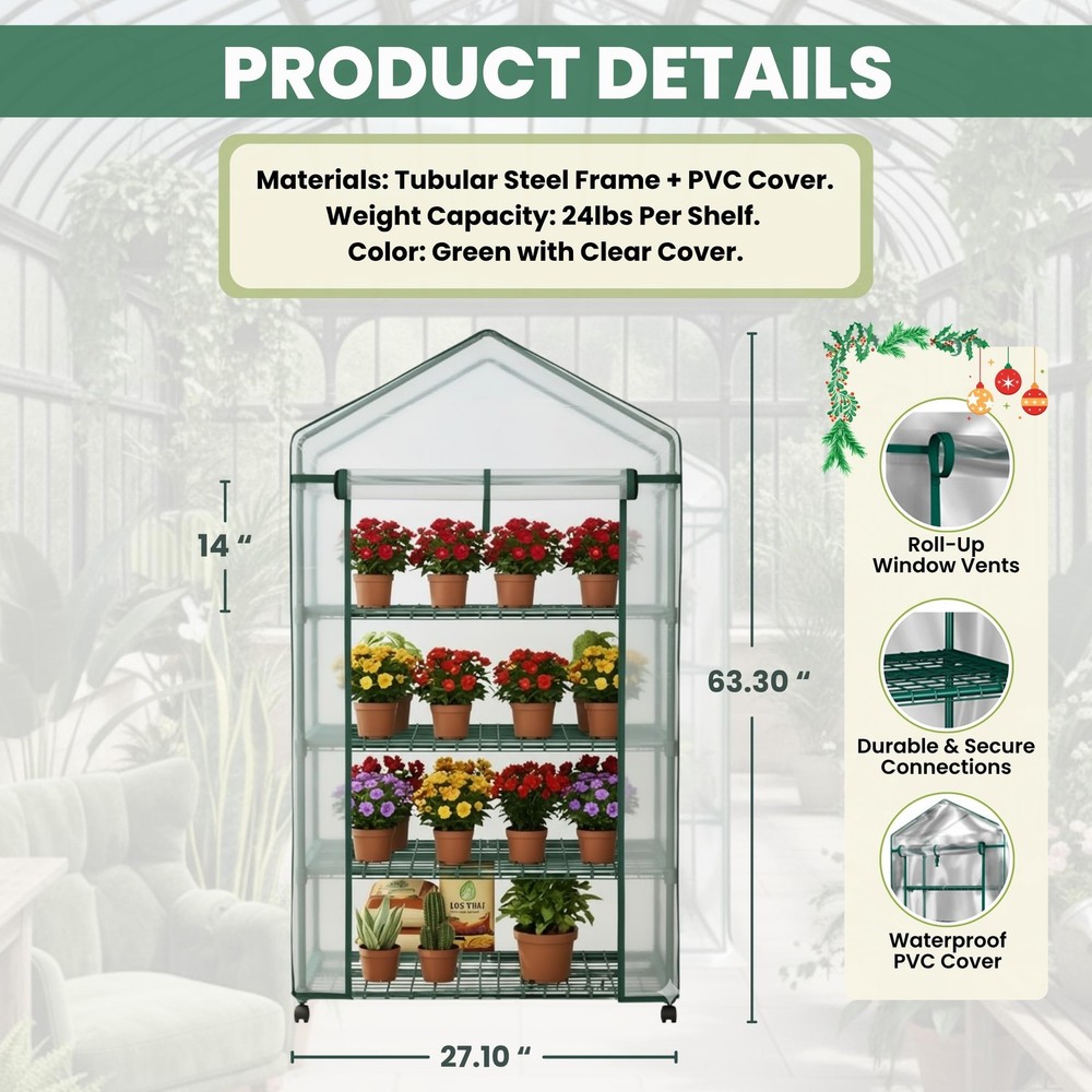 4 Tier Mini Greenhouse - Portable with Locking 4 Tier, Green