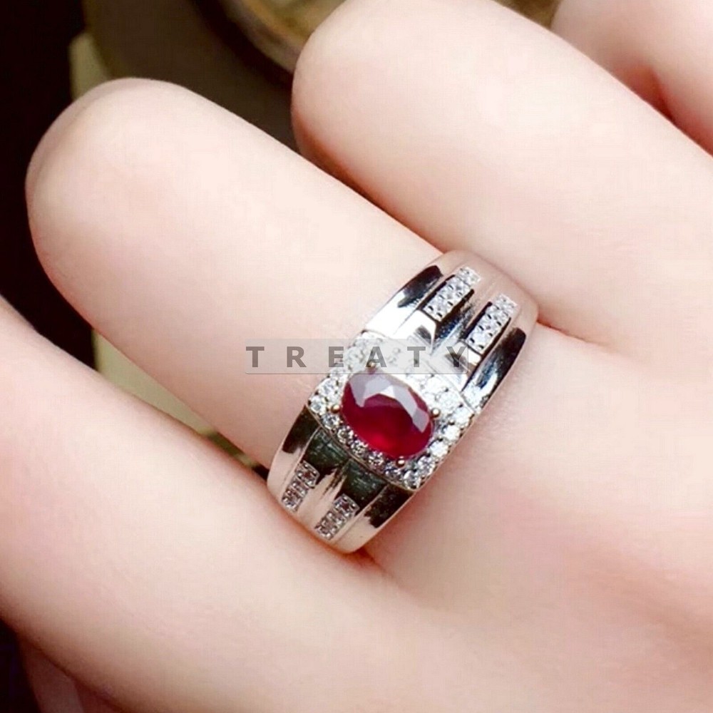 Ruby Oval Cut Gemstone With 14K Solid White Gold Ring For Men's #407