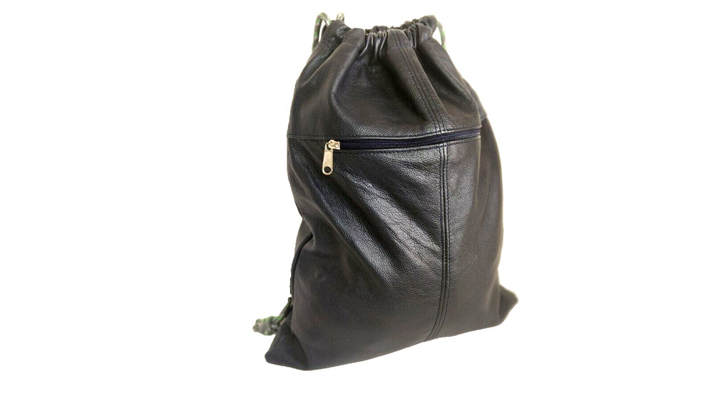 Blue Leather Drawstring Sackpack Bag, String Sack Backpack Handbag, Cory